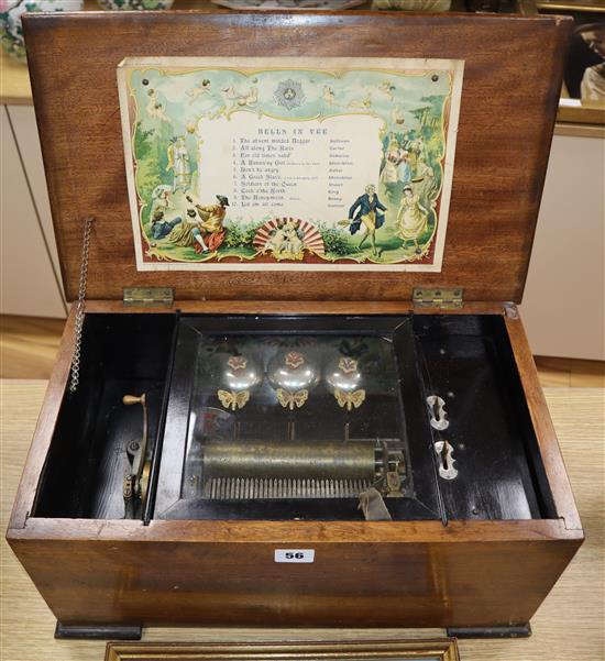 An early 20th century ten air music box with butterfly strikers, with 6in. cylinder (later case)